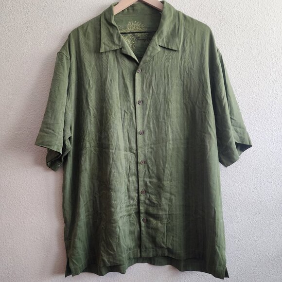 Tommy Bahama Shirt Mens Large Green 100% Silk Palm Leaf Jacquard Camp Button Up - Picture 1 of 13